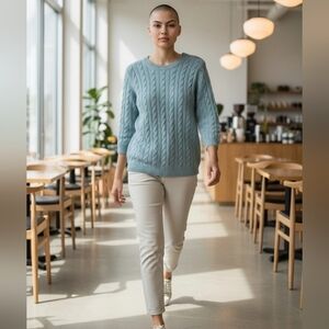 Womans Pale  Blue Crew Knit Cable Pullover Sweater Long Sleeve Soft NWOT